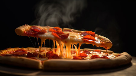 View of delicious freshly made hot pizza. Big cheese lunch or pizza dinner with ingredientsの素材
