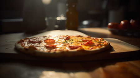 View of delicious freshly made hot pizza. Big cheese lunch or pizza dinner with ingredientsの素材