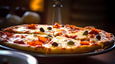 View of delicious freshly made hot pizza. Big cheese lunch or pizza dinner with ingredientsの素材
