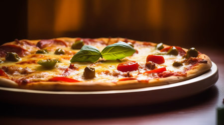 View of delicious freshly made hot pizza. Big cheese lunch or pizza dinner with ingredientsの素材