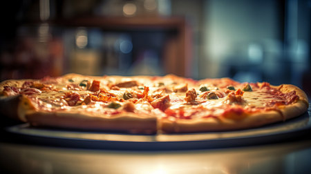 View of delicious freshly made hot pizza. Big cheese lunch or pizza dinner with ingredientsの素材