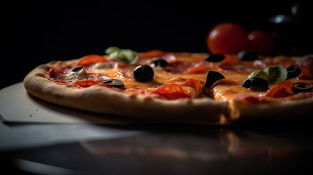View of delicious freshly made hot pizza. Big cheese lunch or pizza dinner with ingredientsの素材