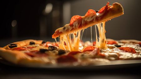 View of delicious freshly made hot pizza. Big cheese lunch or pizza dinner with ingredientsの素材