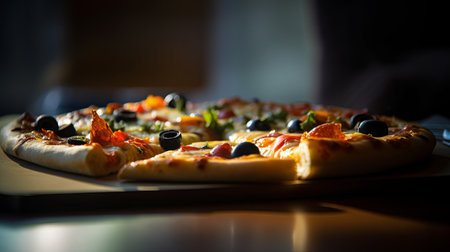 View of delicious freshly made hot pizza. Big cheese lunch or pizza dinner with ingredientsの素材