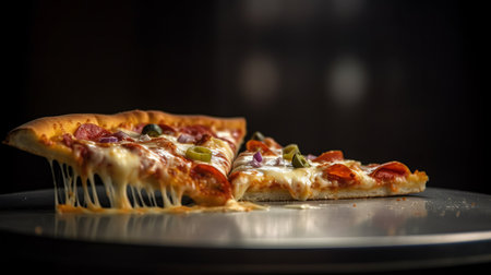 View of delicious freshly made hot pizza. Big cheese lunch or pizza dinner with ingredientsの素材