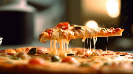 View of delicious freshly made hot pizza. Big cheese lunch or pizza dinner with ingredientsの素材