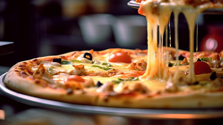 View of delicious freshly made hot pizza. Big cheese lunch or pizza dinner with ingredientsの素材