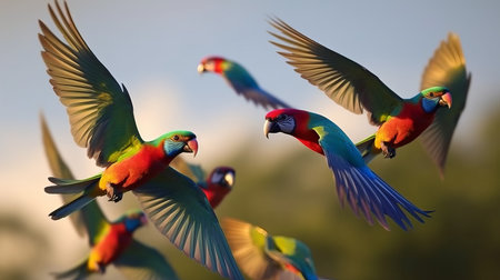 Bright colorful multi-colored parrots in their natural habitat. Jungle birds of South America and the Caribbeanの素材