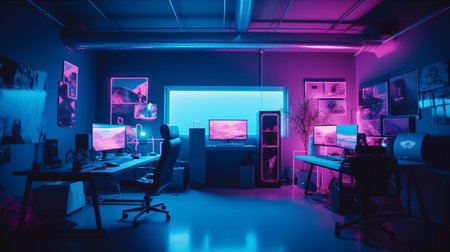 Neon bright furnished gamer room, work office. Blue and pink room tonesの素材