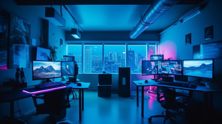 Neon bright furnished gamer room, work office. Blue and pink room tonesの素材