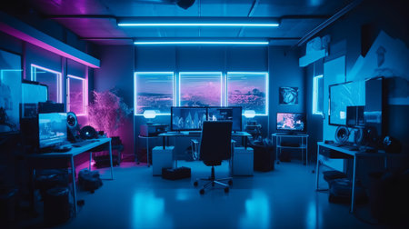 Neon bright furnished gamer room, work office. Blue and pink room tonesの素材