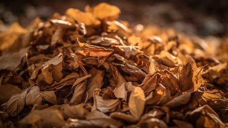 Pile of dry leaves collected together. Golden autumn time. Leaf fall seasonの素材