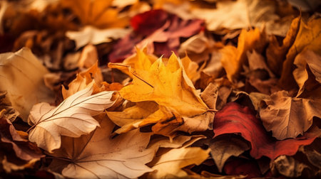 Pile of dry leaves collected together. Golden autumn time. Leaf fall seasonの素材