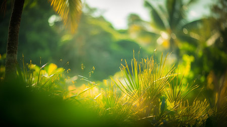 Sunny dense tropical landscape. View of the rainforest and dense tropical vegetationの素材