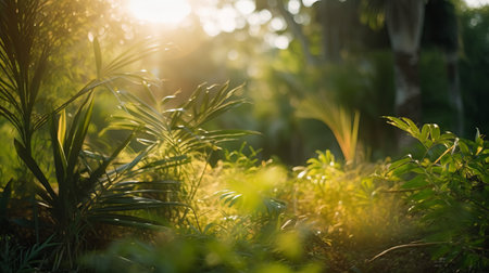 Sunny dense tropical landscape. View of the rainforest and dense tropical vegetationの素材