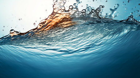 Beautiful splashes and waves in the water. Blue water texture in motion with underwater prominencesの素材