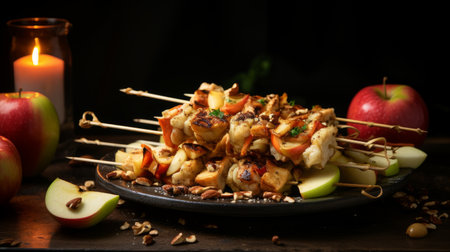 Chicken skewers with apple pieces and spices. Restaurant dish with delicious ingredientsの素材