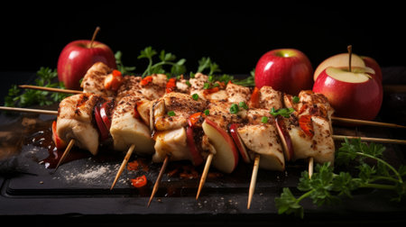 Chicken skewers with apple pieces and spices. Restaurant dish with delicious ingredientsの素材