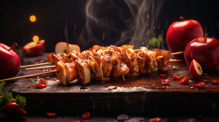 Chicken skewers with apple pieces and spices. Restaurant dish with delicious ingredientsの素材