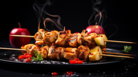 Chicken skewers with apple pieces and spices. Restaurant dish with delicious ingredientsの素材