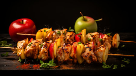 Chicken skewers with apple pieces and spices. Restaurant dish with delicious ingredientsの素材