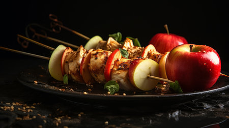 Chicken skewers with apple pieces and spices. Restaurant dish with delicious ingredientsの素材