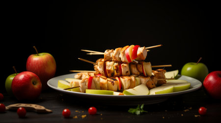 Chicken skewers with apple pieces and spices. Restaurant dish with delicious ingredientsの素材