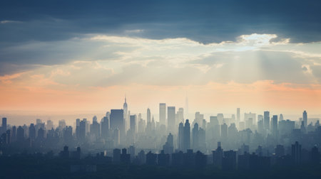 Panorama of a huge metropolis with skyscrapers against the sky. A modern city of over a million people with developed infrastructureの素材