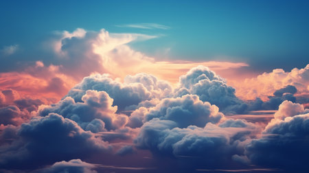 Dramatic white clouds against a blue sky background. Bright colorful colors in the atmosphereの素材