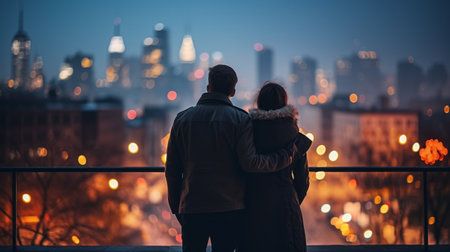 Couple standing against blurred city background. Man and woman against city background with bokeh effectの素材