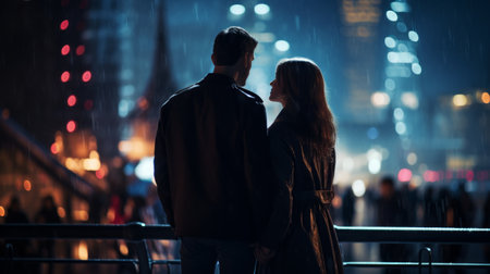 Couple standing against blurred city background. Man and woman against city background with bokeh effectの素材
