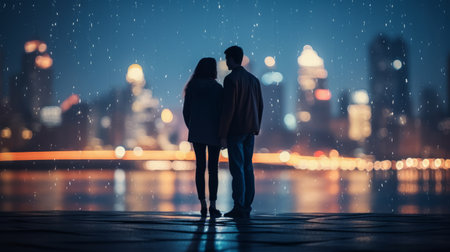 Couple standing against blurred city background. Man and woman against city background with bokeh effectの素材