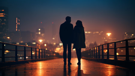 Couple standing against blurred city background. Man and woman against city background with bokeh effectの素材