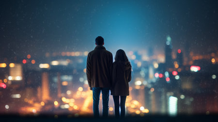 Couple standing against blurred city background. Man and woman against city background with bokeh effectの素材