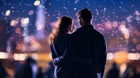 Couple standing against blurred city background. Man and woman against city background with bokeh effectの素材