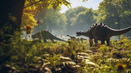 View with dinosaurs in ancient environment. Ancient creatures in natural habitats. Prehistoric natural landscape with dinosaursの素材