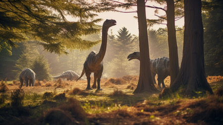 View with dinosaurs in ancient environment. Ancient creatures in natural habitats. Prehistoric natural landscape with dinosaursの素材