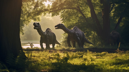View with dinosaurs in ancient environment. Ancient creatures in natural habitats. Prehistoric natural landscape with dinosaursの素材