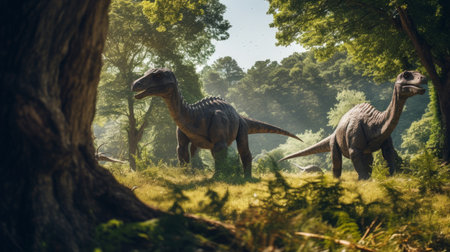 View with dinosaurs in ancient environment. Ancient creatures in natural habitats. Prehistoric natural landscape with dinosaursの素材