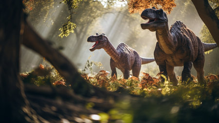 View with dinosaurs in ancient environment. Ancient creatures in natural habitats. Prehistoric natural landscape with dinosaursの素材