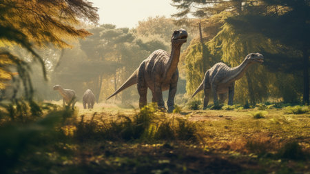 View with dinosaurs in ancient environment. Ancient creatures in natural habitats. Prehistoric natural landscape with dinosaursの素材