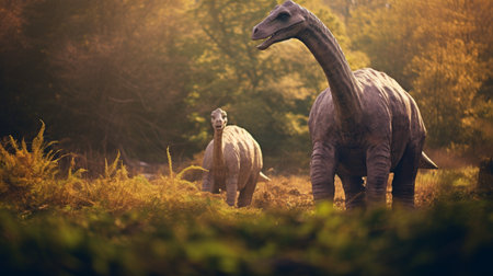 View of giant brontosaurus dinosaurs in an ancient environment. Ancient creatures in their natural habitat. Prehistoric natural landscape with dinosaursの素材