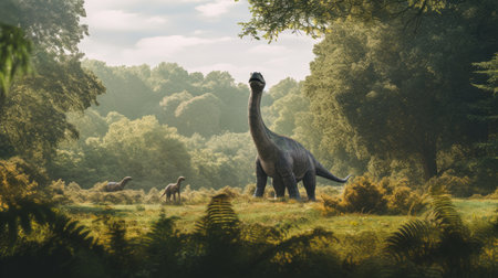 View of giant brontosaurus dinosaurs in an ancient environment. Ancient creatures in their natural habitat. Prehistoric natural landscape with dinosaursの素材