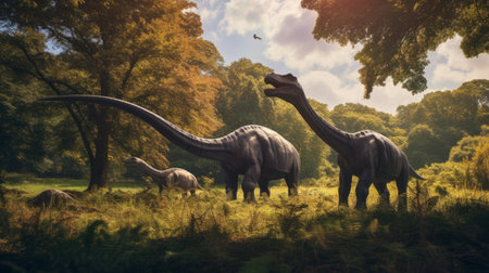 View of giant brontosaurus dinosaurs in an ancient environment. Ancient creatures in their natural habitat. Prehistoric natural landscape with dinosaursの素材
