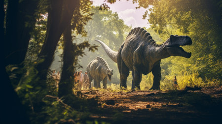 View of giant dinosaurs in our time. Ancient creatures and people against the background of natureの素材