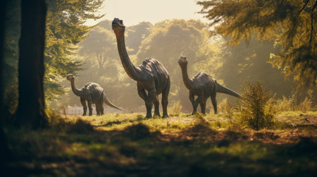 View of giant dinosaurs in our time. Ancient creatures and people against the background of natureの素材