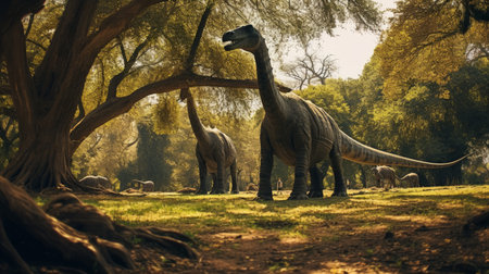View of the giant Diplodocus dinosaurs in an ancient environment. Ancient creatures in their natural habitat. Prehistoric natural landscape with dinosaursの素材