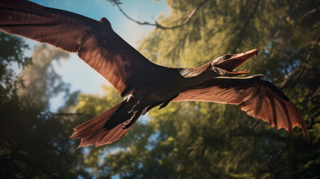 View of a giant pterodactyl above the trees in an ancient environment. Ancient creatures in their natural habitat. Prehistoric natural landscape with pterodactylの素材