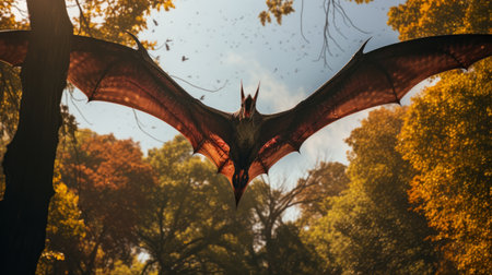 View of a giant pterodactyl above the trees in an ancient environment. Ancient creatures in their natural habitat. Prehistoric natural landscape with pterodactylの素材