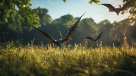 View of pterodactyls in an ancient environment. Ancient creatures in their natural habitat. Prehistoric natural landscape with pterodactylsの素材